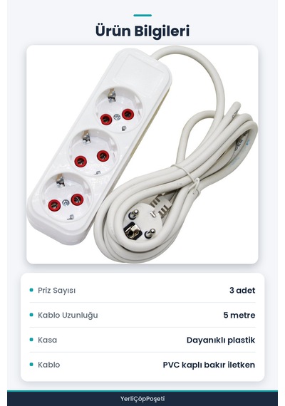 3'lü Uzatma Kablo Priz - 5 Metre - Beyaz 5 M