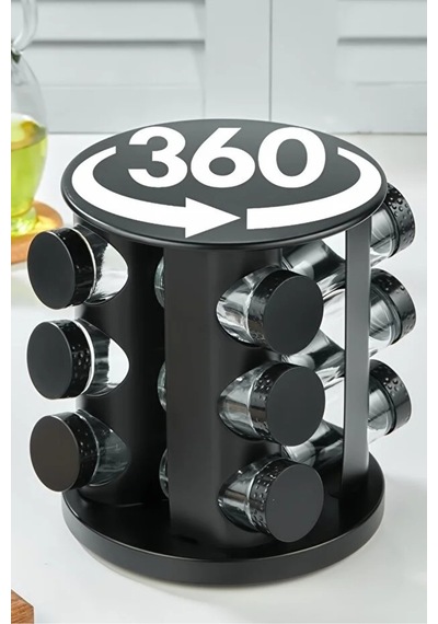 Makri Home 360 Dönebilen Paslanmaz Standlı Cam Baharat Seti - 12'li Yuvarlak Siyah Siyah