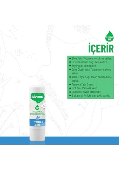 Siveno%100 Doğal Dudak Koruyucu Yoğun Etki Bitkisel Lipbalm Krem Nemlendirici Parlatıcı Onarıcı 6 G