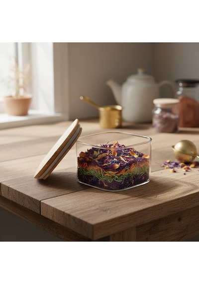400 Ml Bambu Kapaklı Kare Cam Saklama Kabı - Dikey Çizgili Rölyef Desenli Vakumlu Kahvaltılık Ve Erzak Kabı 10x10x6 Cm Çok Renkli