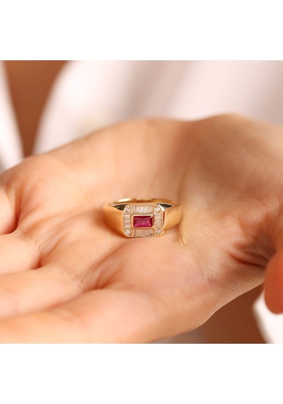 14 Ayar Altın Ruby Yüzük Özel Tasarım Square T11012 Renkli