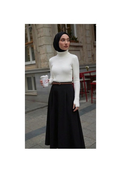 Sonbaharmoda Kadın Boğazlı Likralı Triko Badi Parmak Geçmeli Kol, Tek Beden,100% Akrilik Beyaz