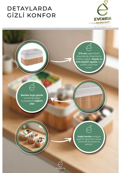 Bambu Organizer Seti 3'lü 2 Boy Parça Çok Amaçlı Banyo Mutfak Dolap Düzenleyici Sepet Seti Dayanıklı Renkli