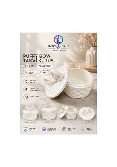 Puffy Bow Fiyonk Kapaklı Takı Kutusu 14x14x7 Cm Bej
