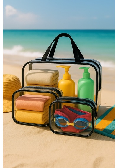 Modalarge Büyük Boy Şeffaf Plaj Çantası 3lü Set Islak Bikini Çantası