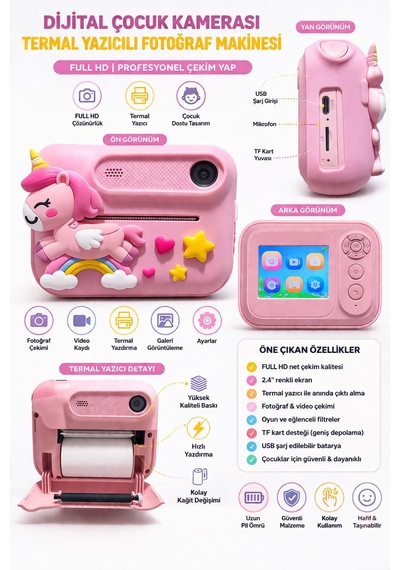 Cmr101 Dijital Çocuk Kamerası Print Kamerası 1080p Full Hd Termal Yazıcılı 2.0 Ekranlı Pembe