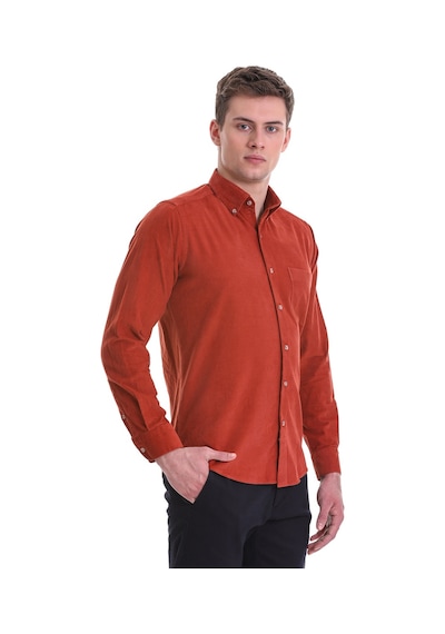 Hatemoğlu Kiremit Slim Fit Düz 100% Pamuklu Düğmeli Yaka Uzun Kollu Klasik Kiremit