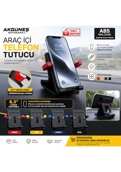 Akgüneş Motogaraj Araç İçi Torpido & Masa Telefon Tutucu 6,3 İnç Uyumlu Abs Masaüstü Telefon Standı Siyah Gri