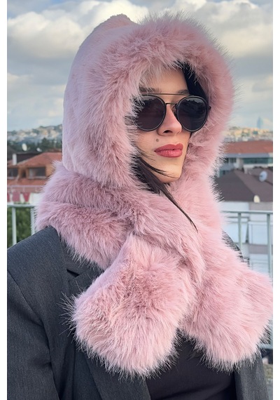 Mollycrush Kadın Pembe Suni Kürk Eşarp Atkı Şapka Kışlık Sıcak Tutan Soft Peluş Model Pembe