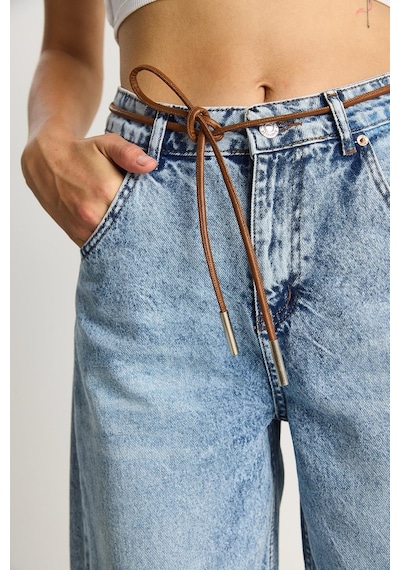 Shade Kadın Geniş Paça Yüksek Bel Deri İp Kemerli Denim Pantolon 5288 60284109 - Kar Yıkama