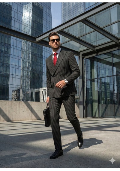 Hermose Sartorial Onyx Siyah Kruvaze Çizgili Takım Elbise