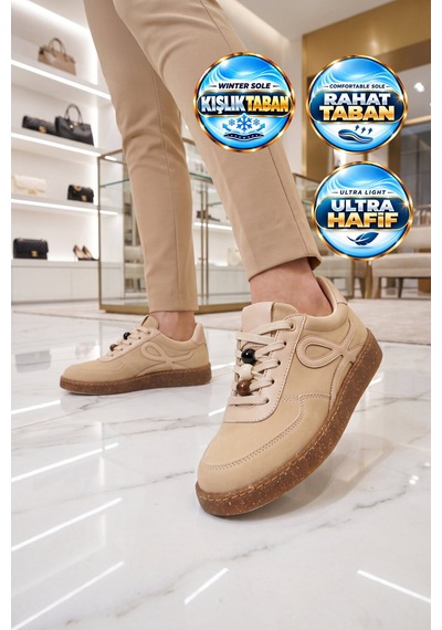 Ayakmod Kadın Bej Şık Rahat Bağcıklı Casual Yürüyüş Spor Ayakkabı Sneaker 669253