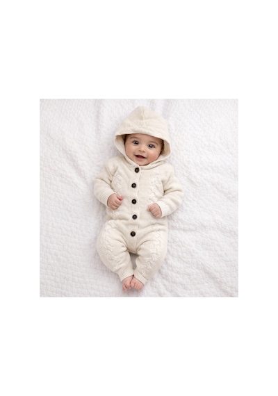 Babysena Kapüşonlu Örgü Kız Bebek Tulum Ekru