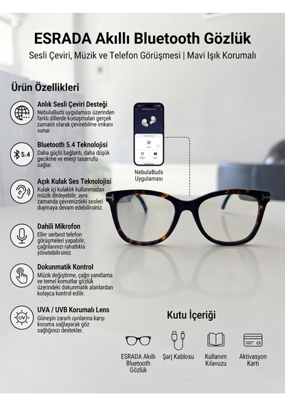Esrada Akıllı Bluetooth Gözlük Sesli Çeviri, Müzik Ve Telefon Görüşmesi Mavi Işık Korumalı Es203 C02 53-18-140