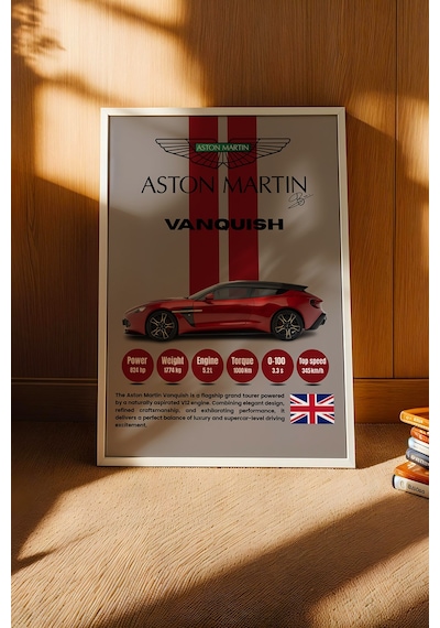 Aston Martin Vanquish Araba Tablosu - Teknik Özellikli Otomobil Poster - Çerçeveli Duvar Dekoru Beyaz
