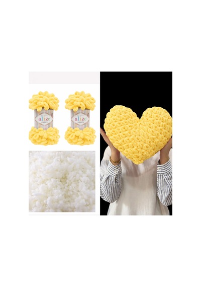 Kalp Yastık Puffy Malzemesi 2 Adet Puffy 216 Sarı Ve 200 Gr. Boncuk Elyaf Seti