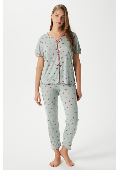 Ritnice Kadın Juliet Kurdeleli Yumuşak Doku Yeşil Çiçekli Pijama Takımı