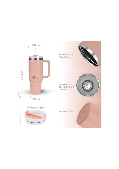 Any Morning Vaha 1200 Ml Termos Mug, 3 Kademeli Çevirmeli Kapak, Açık Somon Sı2440217 Açık Beyaz
