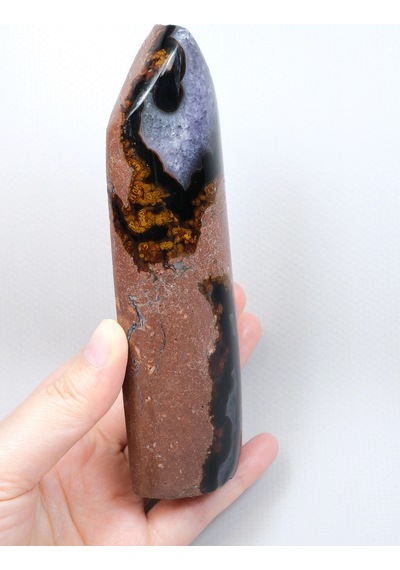 Mor Ametist Akik Kule Noktası, Siyah Çizgili Ve Mor Druzy İle Cilalanmış Obelisk, 223g