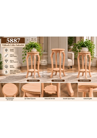 Gees Global 5887 Yüksek Lüks Saksılık 77 Cm Cilasız Ham Ahşap Dekoratif Çiçeklik Standı, Boyanabilir Yuvarlak Saksı Sehpası 40x40x77 Cm Gbzs
