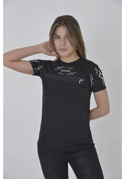 Unisex Göğüs Fermuarlı Baskılı T-shirt - Siyah 001