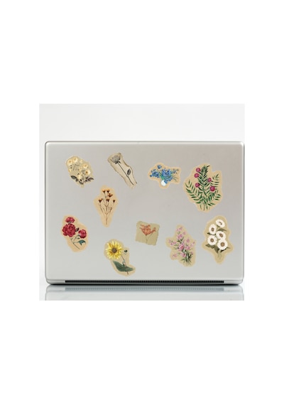 23 Adet Eskitme Kağıt Üzerinde Kurutulmuş Çiçek Sticker Seti - Etiket Seti Sketchbook Çok Renkli