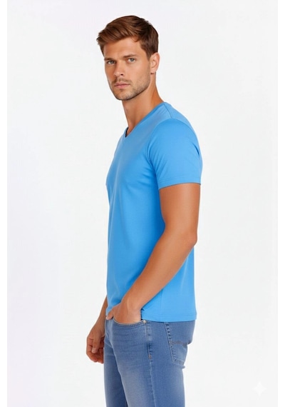 Novalisse Erkek Body T-shirt V Yaka Slim Fit Likralı Kısa Kol Tişört - Açık Mavi Çoklu Renk