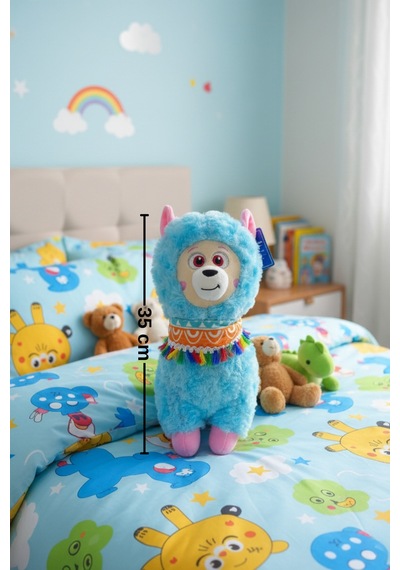 Büyük Boy Yumuşak Peluş Lama Oyuncak - Yumuşacık Uyku Arkadaşı Fularlı Lama 35 Cm Mavi