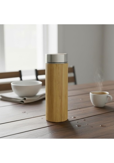 450 Ml Bambu Kaplamalı Çelik Termos - Klasik Bardak Kapaklı Sıcak Ve Soğuk Tutucu Seyahat Termosu Çok Renkli