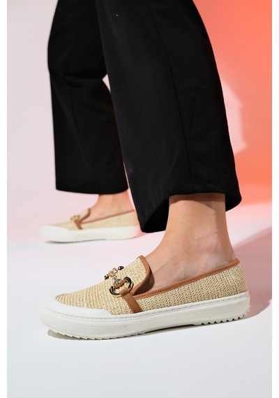 Luvishoes Barcelos Bej Hasır Tokalı Kadın Loafer Ayakkabı Bej