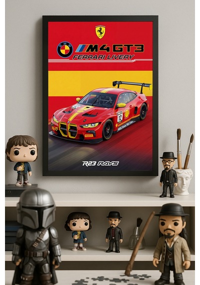 Bmw M4 Gt3 Siyah Ahşap Çerçeveli Poster, Dekoratif Araba Duvar Tablosu