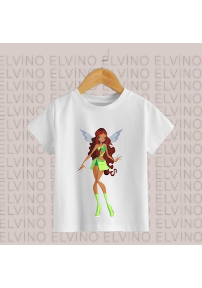 Noıssey Beyaz Winx Club Baskılı Pamuklu Bisiklet Yaka Kız Çocuk