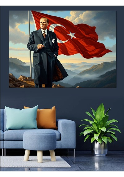 Tepede Dalgalanan Türk Bayrağı Ve Atatürk Dekoratif Kanvas - Mdf Ahşap Tablo