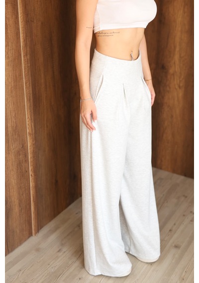 Ozy Fashion Kadın Modal Kumaş Yüksek Bel Pileli Geniş Paça Cepli Eşofman Altı Gri
