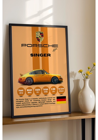 Porsche Singer Premium Klasik Spor Araba Tablosu - Teknik Özellikli Otomobil Duvar Dekoru Siyah