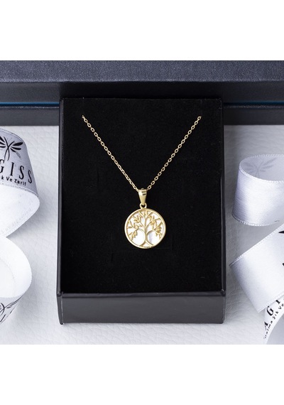 Hayat Ağacı Sedef Taşlı 925 Ayar Gümüş Gold Rengi Kadın Kolye Gold