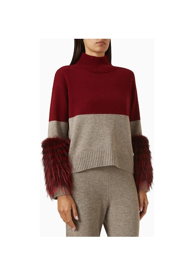 Izaak Azanei Half - Half Cuff Sweater, Lüks Triko Faux Kürk Detaylı Kazak Kırmızı