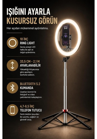 10 İnç Ring Light 2.1 M Tripod Bluetooth Kumandalı Type-c Np-l15