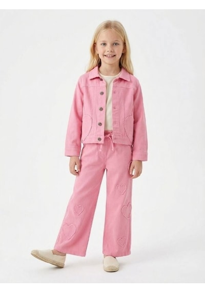 Zekids Kız Çocuk Kalp Detaylı Üçlü Takım Ceket + Bluz + Pantolon -17174 Pembe