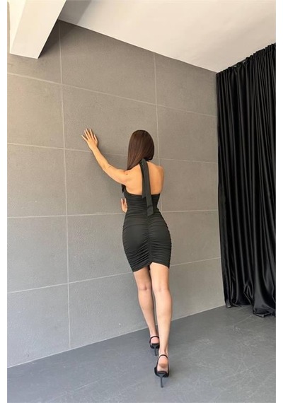 Dip Moda Kadın Boyundan Bağlama Detaylı Mini Elbise Dpnbdf033 Siyah