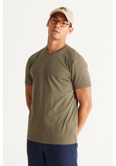 Ac&Co / Altınyıldız Classics Slim Fit Dar Kesim V Yaka Pamuklu  Erkek Tişört Haki