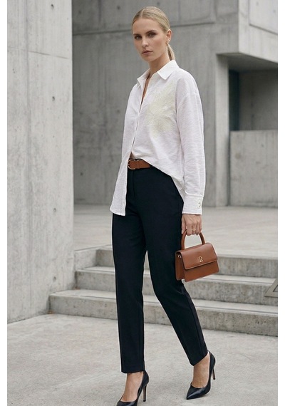 Kadın Beyaz Gömlek Düz Nakış Detaylı Uzun Kollu Oversize Şık Günlük Smart Casual Bluz - Kadın Gömlek