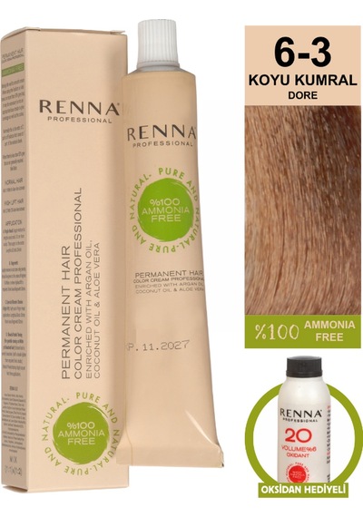 Renna Bitkisel Amonyaksız Saç Boyası 60 Ml 6-3 Koyu Kumral Dore Oksidan Hediyeli