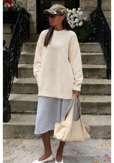 Madmext Ekru Bisiklet Yaka Oversize Uzun Kadın Triko Kazak Mg2890