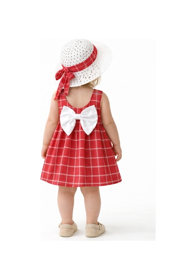 Chicsy Baby Tatlı Kız Bebek Ekose Tarz Elbise Şapkalı Fiyonk Detaylı Yazlık 2 Li Kombin Kırmızı