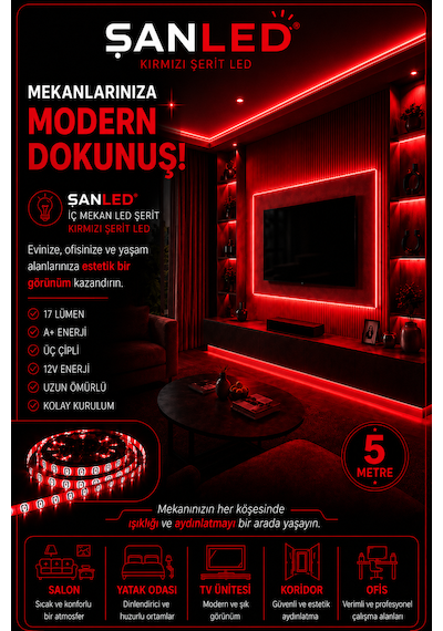 3 Çipli Şerit Led Kırmızı Renk 12v 5 Metre