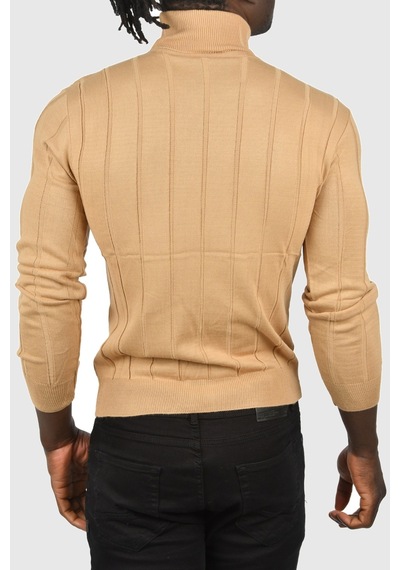 Deepsea Erkek Camel Slim Fit Likralı Tam Balıkçı Yaka Çizgili Boğazlı Kazak 2505504 Camel