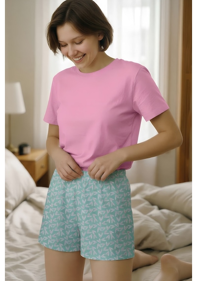 Yeni İnci Pamuk Kısa Kollu Şortlu Pijama Takımı Pembe