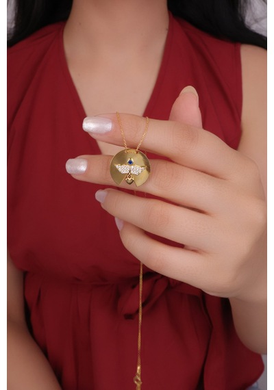 Encili Silver 925 Ayar Gümüş Taşlı Melek Kanadı Model Gold Renk Kadın Kolye Gold