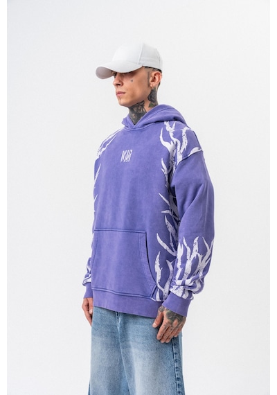 Respire Erkek War Baskılı Yıkamalı Kapüşonlu Oversize Hoodie Mor